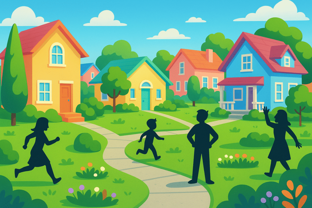 A cheerful suburban neighbourhood with pastel houses and silhouettes of people, evoking The Sims world.