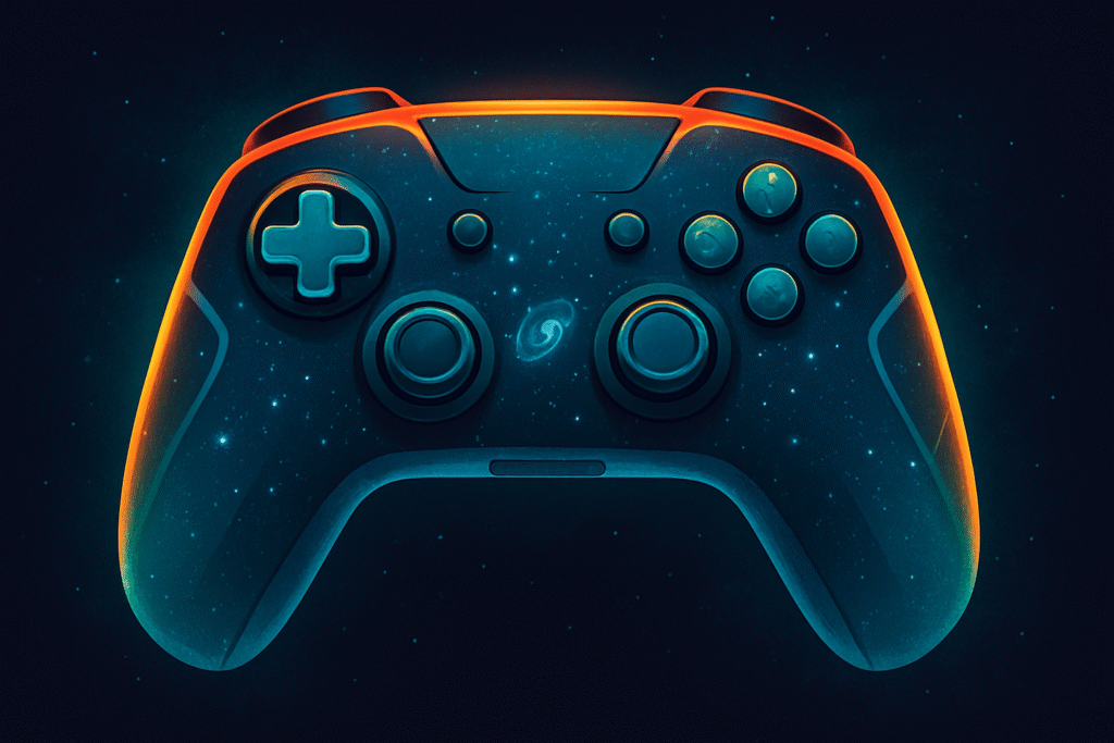 Metroid-inspired wireless controller concept art in blue and turquoise with galaxy pattern
