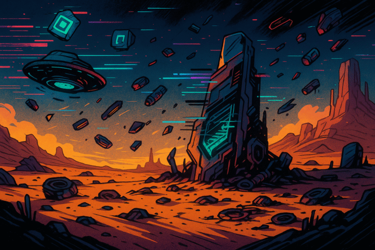 A surreal desert landscape filled with floating mechanical debris and neon accents, evoking a chaotic sci-fi wasteland