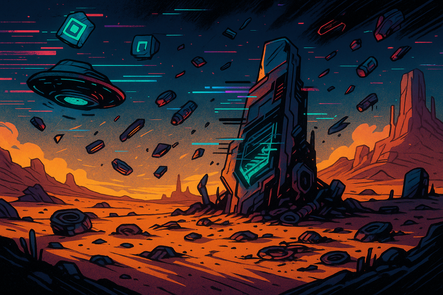 A surreal desert landscape filled with floating mechanical debris and neon accents, evoking a chaotic sci-fi wasteland