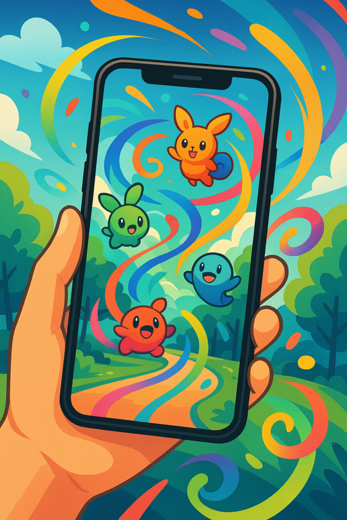Smartphone displaying augmented reality Pokémon in a park.