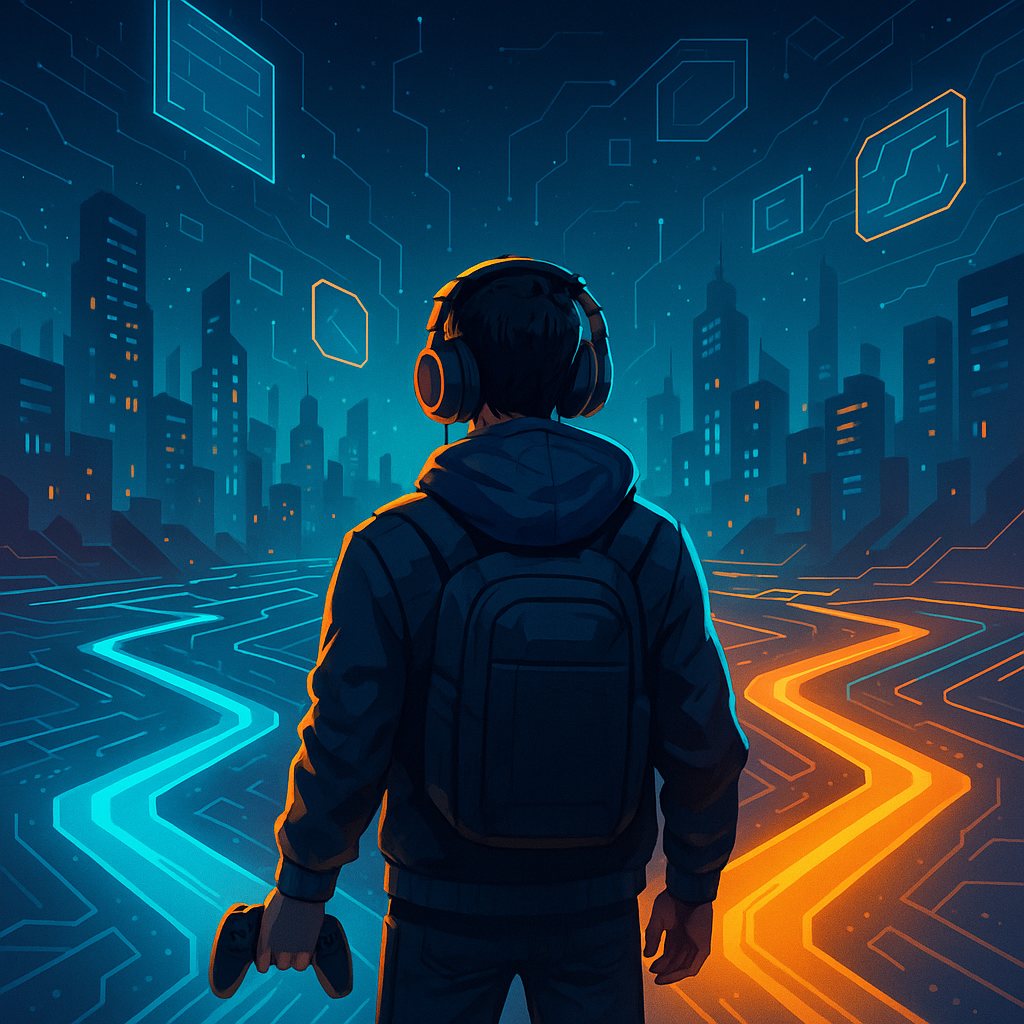 A futuristic digital art scene of a gamer standing at a neon‑lit crossroads in a virtual city, with glowing paths branching ahead, symbolizing decision‑making and multiple endings.