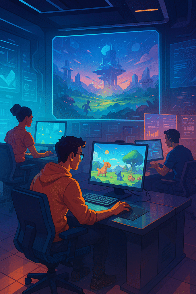 Concept art showing game developers in a futuristic studio working at computers with holographic screens and vibrant game environments.