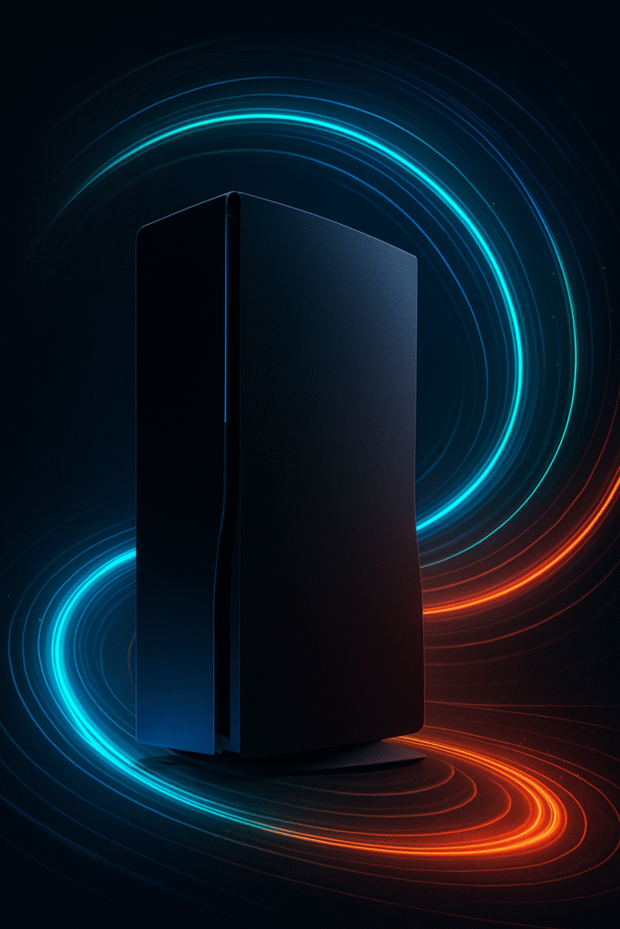 Stylized futuristic gaming console with glowing blue arcs representing upcoming PlayStation presentation