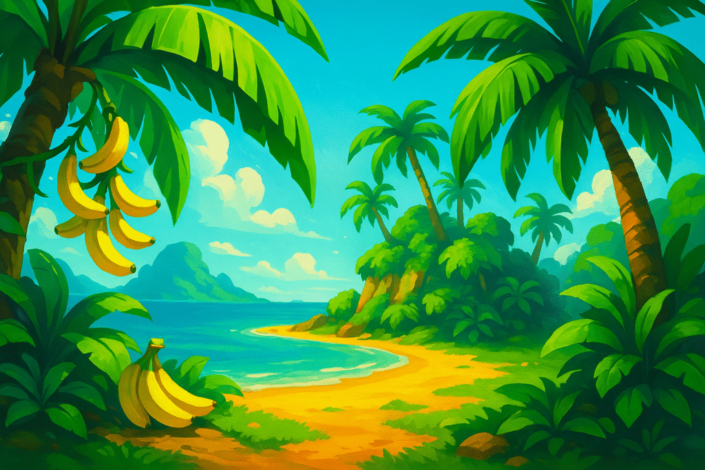 digital illustration of a tropical island with palm trees and bananas