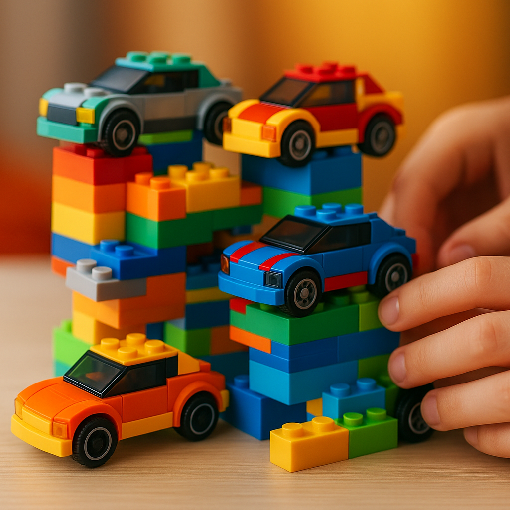 Colorful toy cars and building blocks sculpture