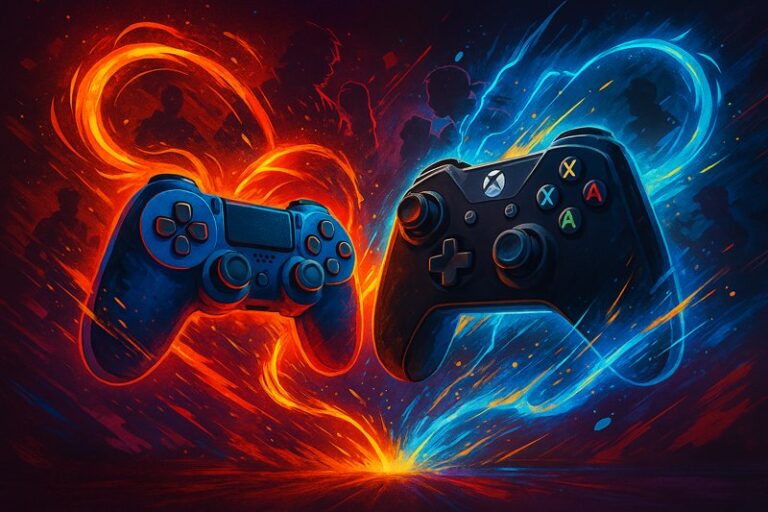 Abstract illustration of two game controllers with swirling red and blue fighting energy.