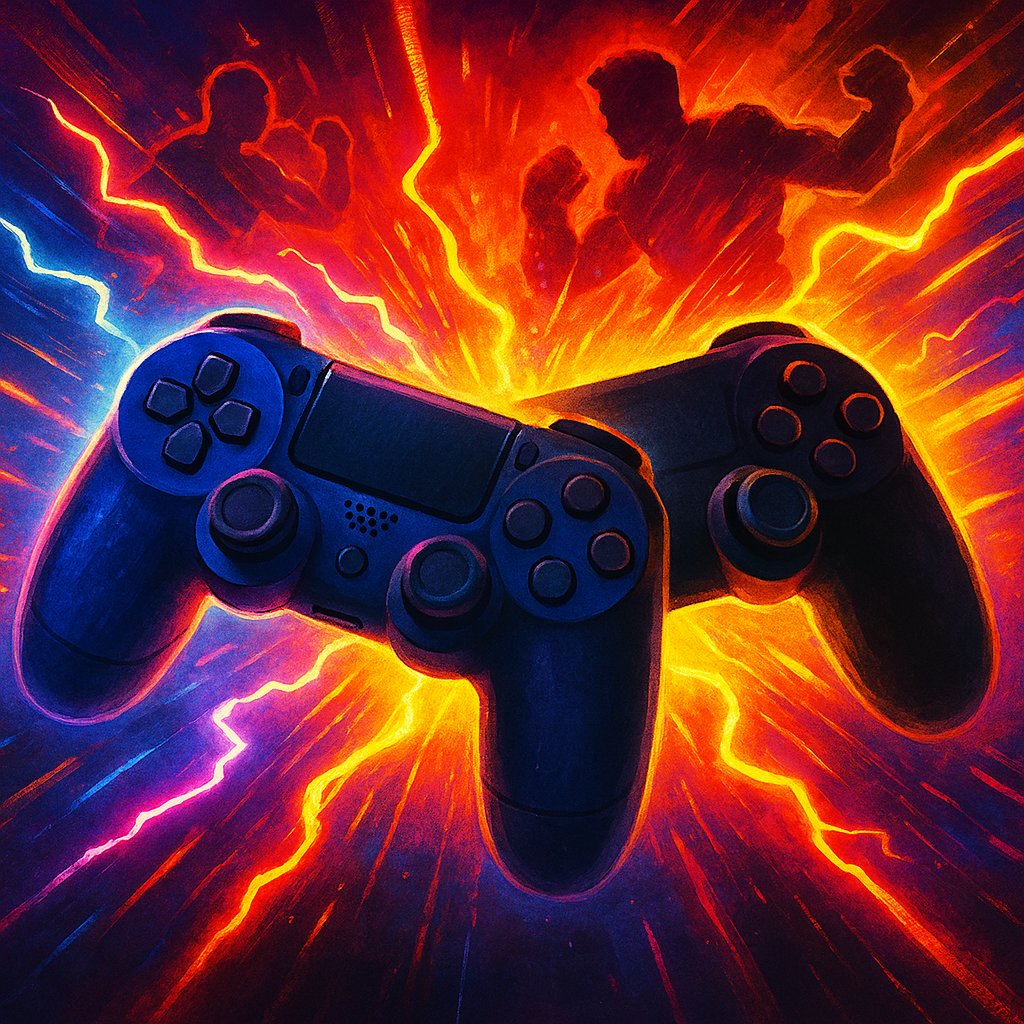 Abstract explosion of neon lights and silhouettes around two controllers.