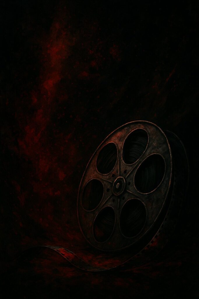 Stylized abstract illustration of a vintage film reel with splattered paint and moody lighting.